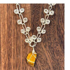 Handcrafted Tigers Eye Pendant Necklace Silver Wire Wrapped Design & Black Cord